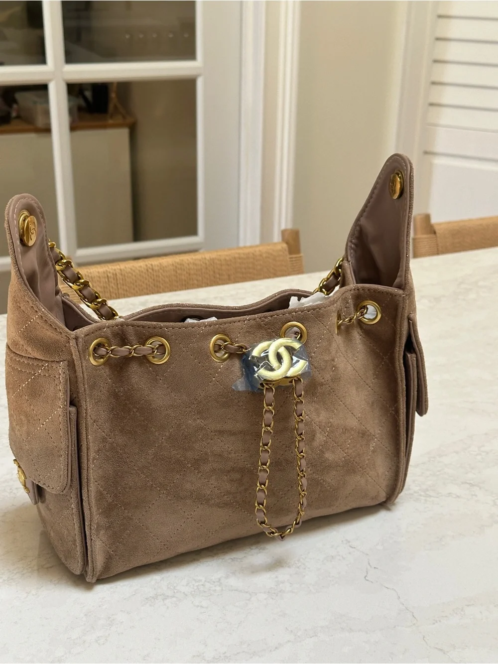 Beige Suede Drawstring Shoulder Bag